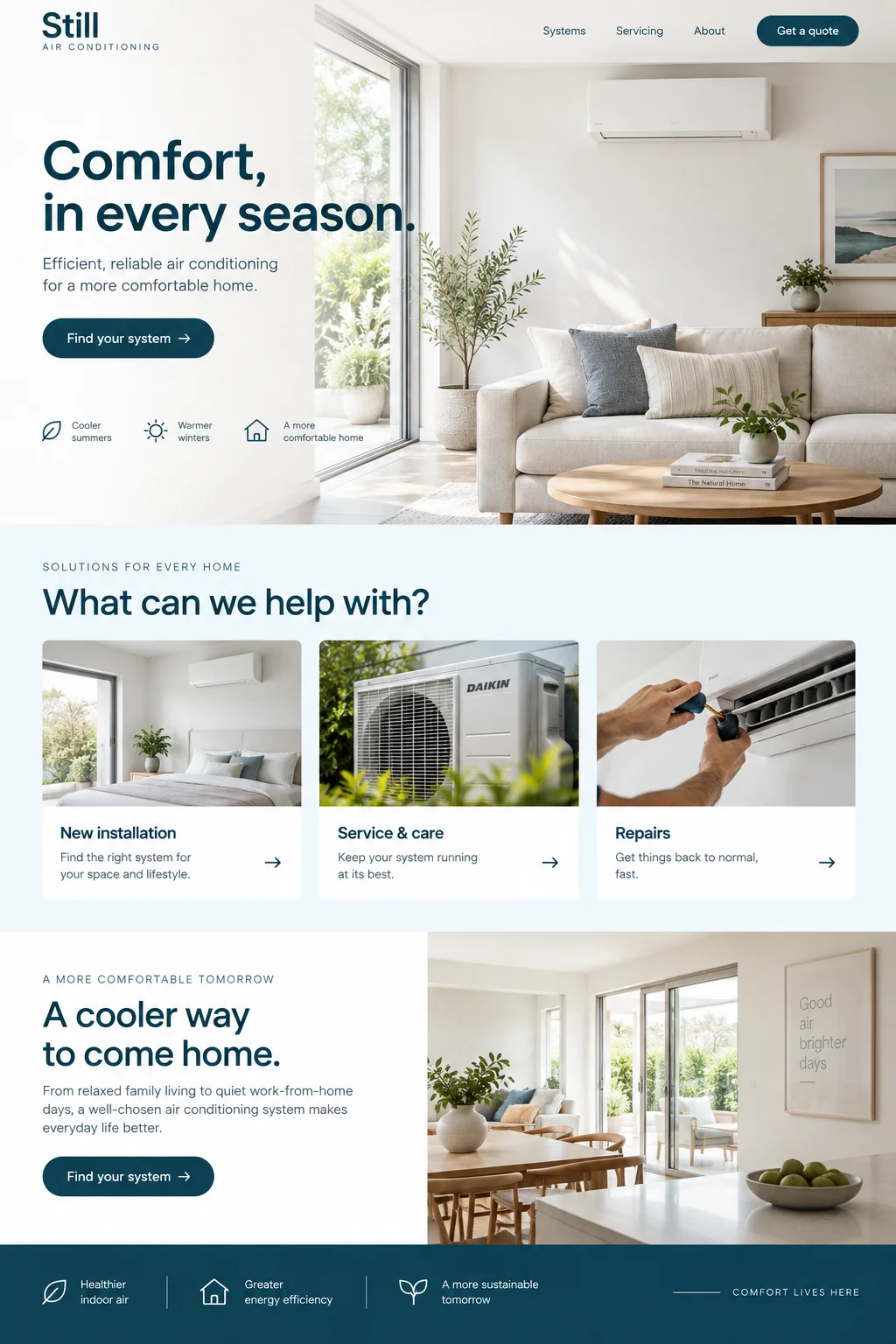 Still Air Conditioning: website design with air conditioning imagery, branding and page layout.