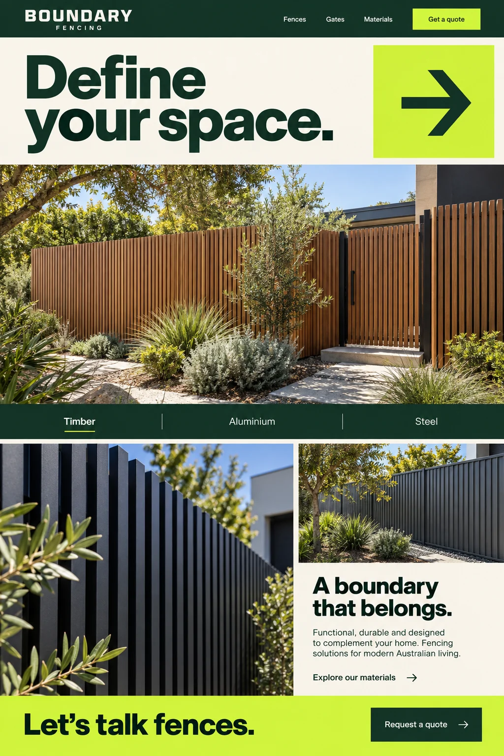 Boundary Fencing: website design with fencing & gates imagery, branding and page layout.