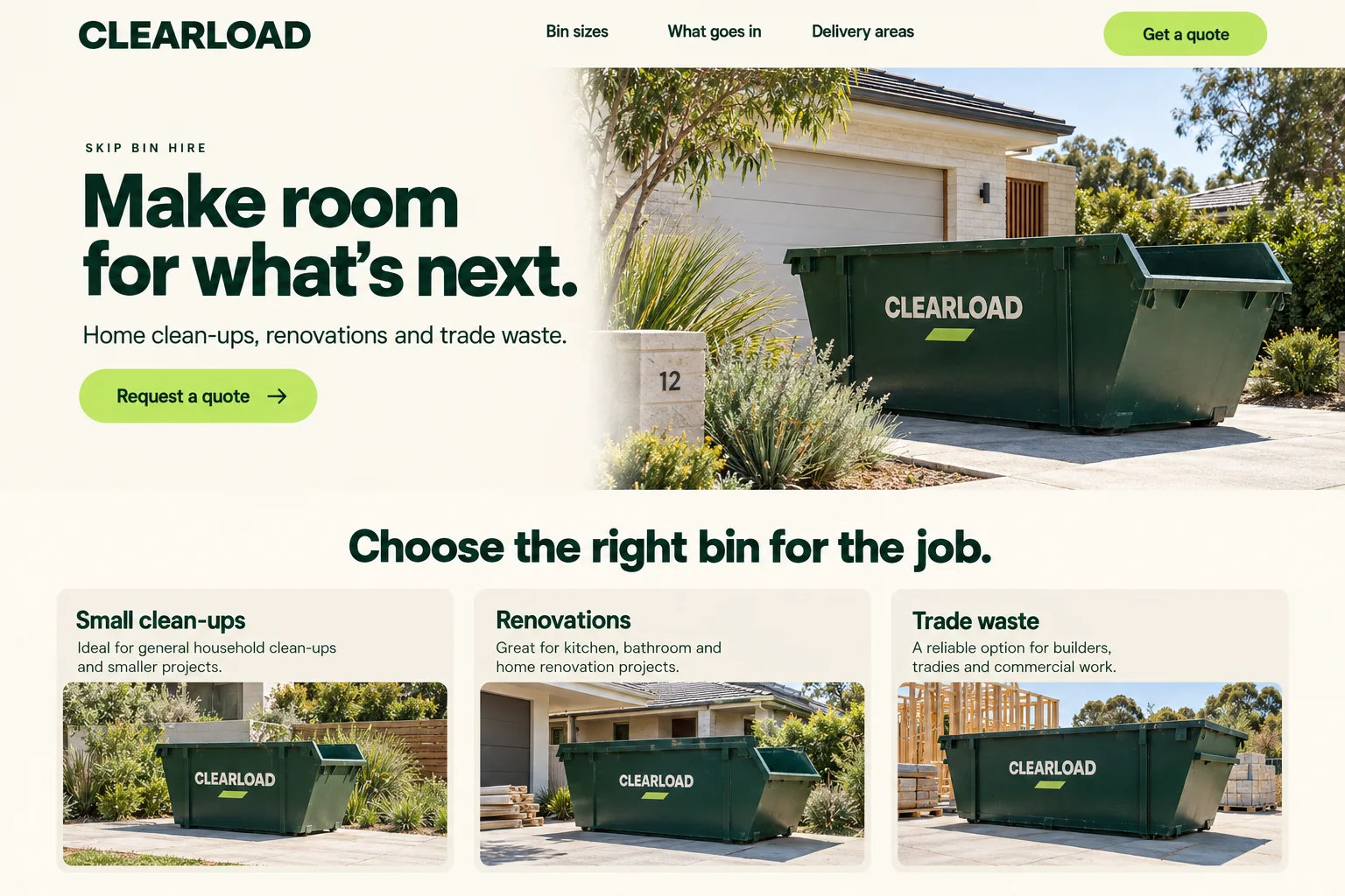 Clearload Skip Bins: website design with skip bin hire imagery, branding and page layout.