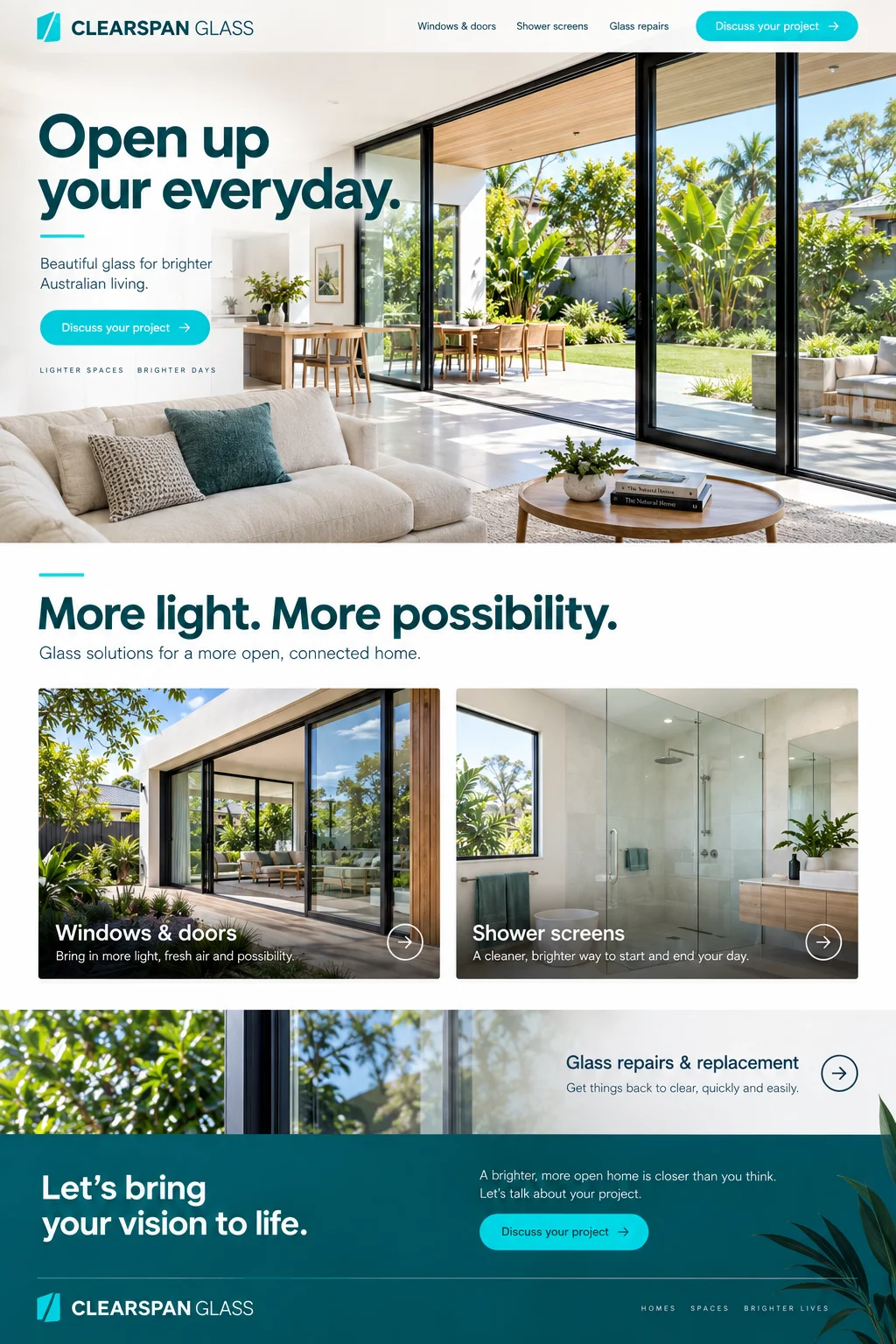 Clearspan Glass: website design with glazing, windows & doors imagery, branding and page layout.