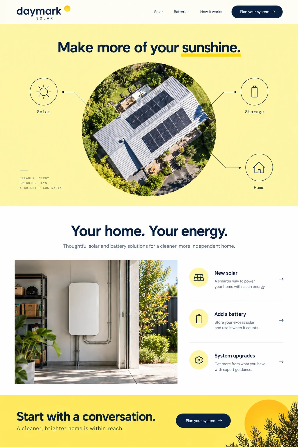 Daymark Solar: website design with solar & batteries imagery, branding and page layout.