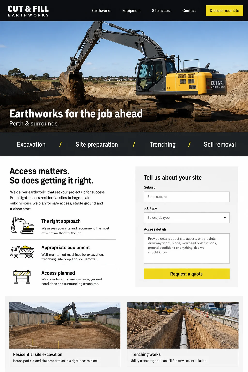 Cut & Fill Earthworks: website design with earthmoving & excavation imagery, branding and page layout.