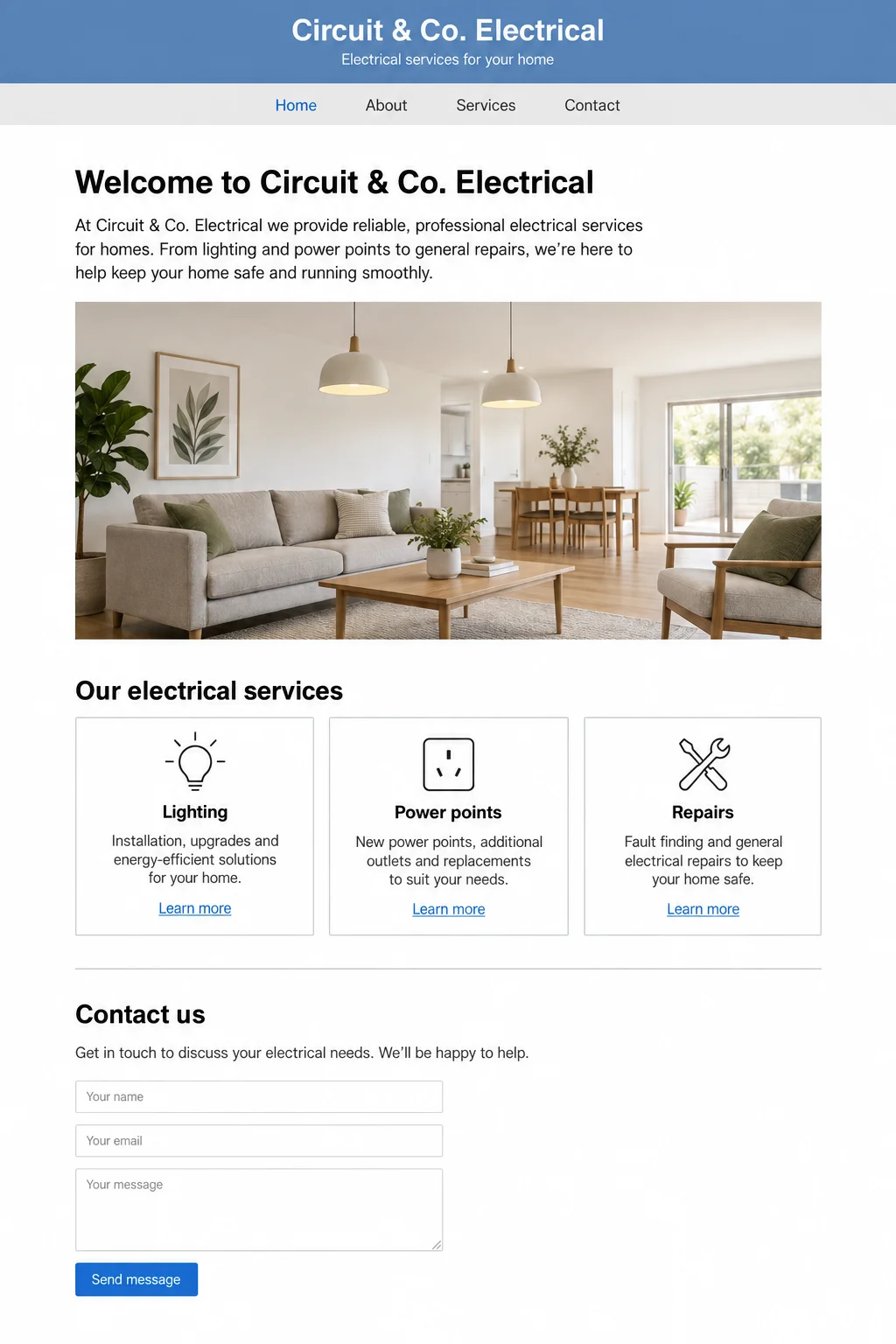 A basic Circuit & Co. Electrical website design with a plain text logo, generic navigation, a small photo and boxed service descriptions.