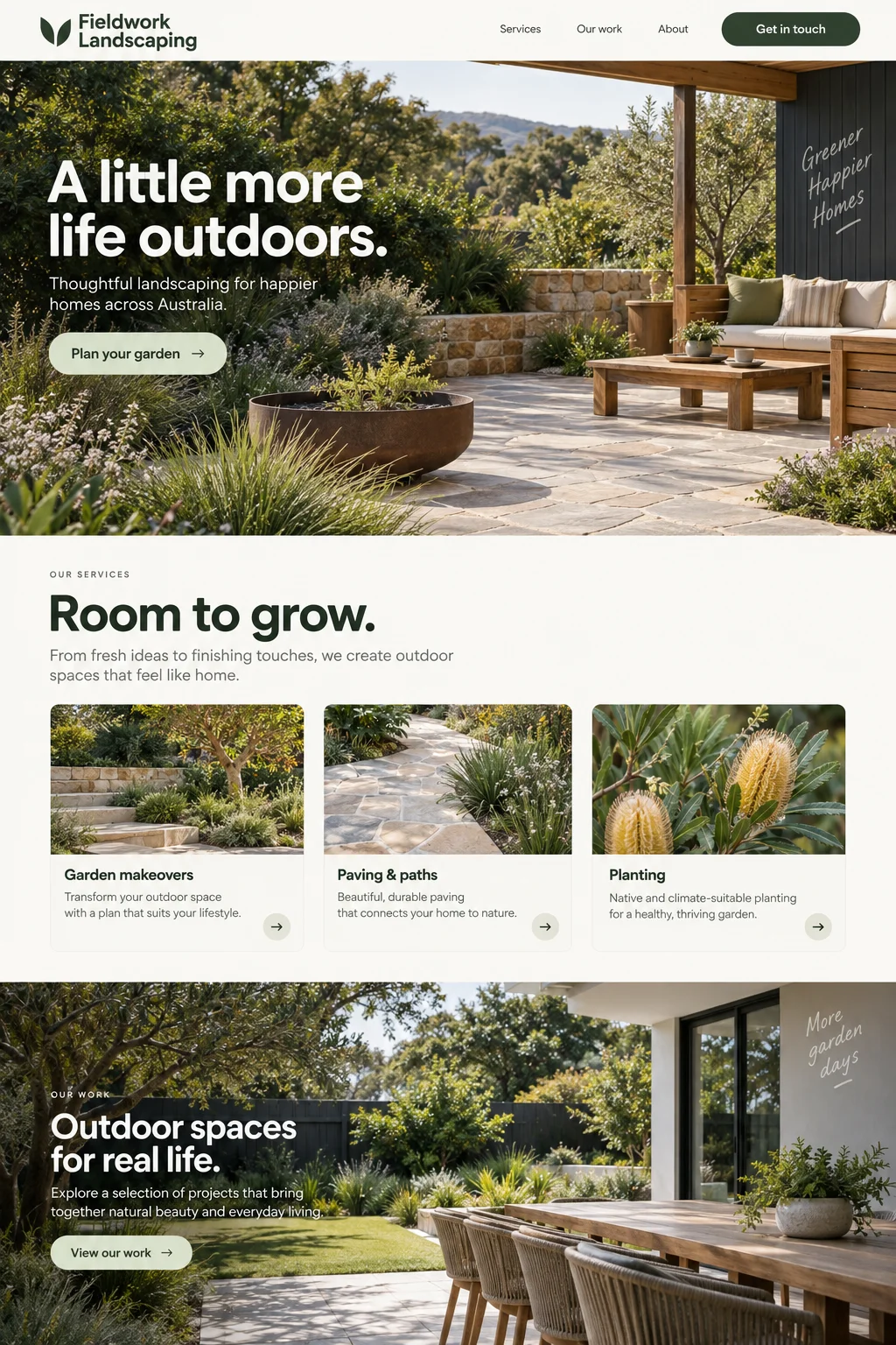 Fieldwork Landscaping: website design with landscaping imagery, branding and page layout.