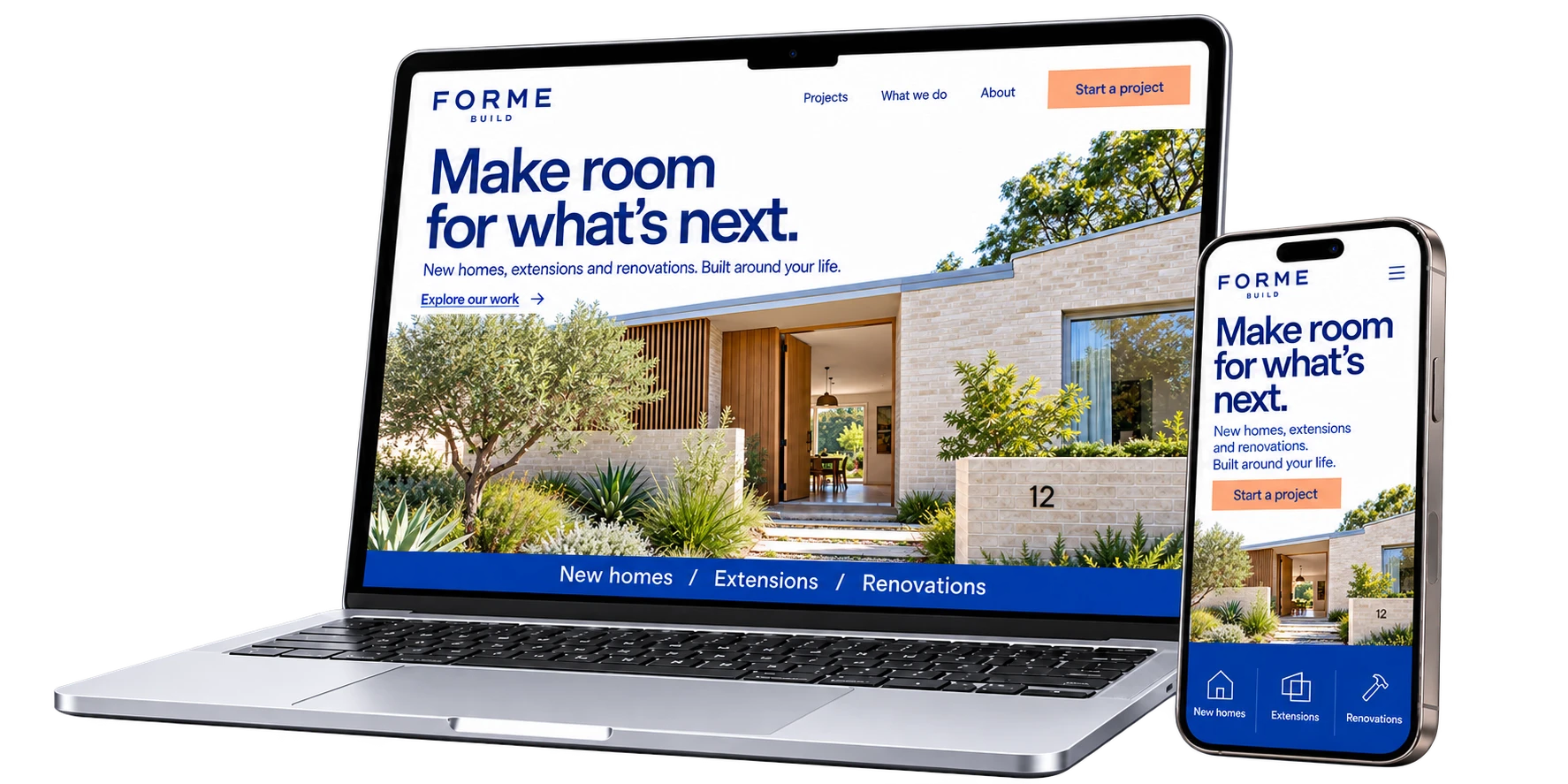 The Forme Build website on a silver laptop and titanium phone, with layouts tailored to each screen.