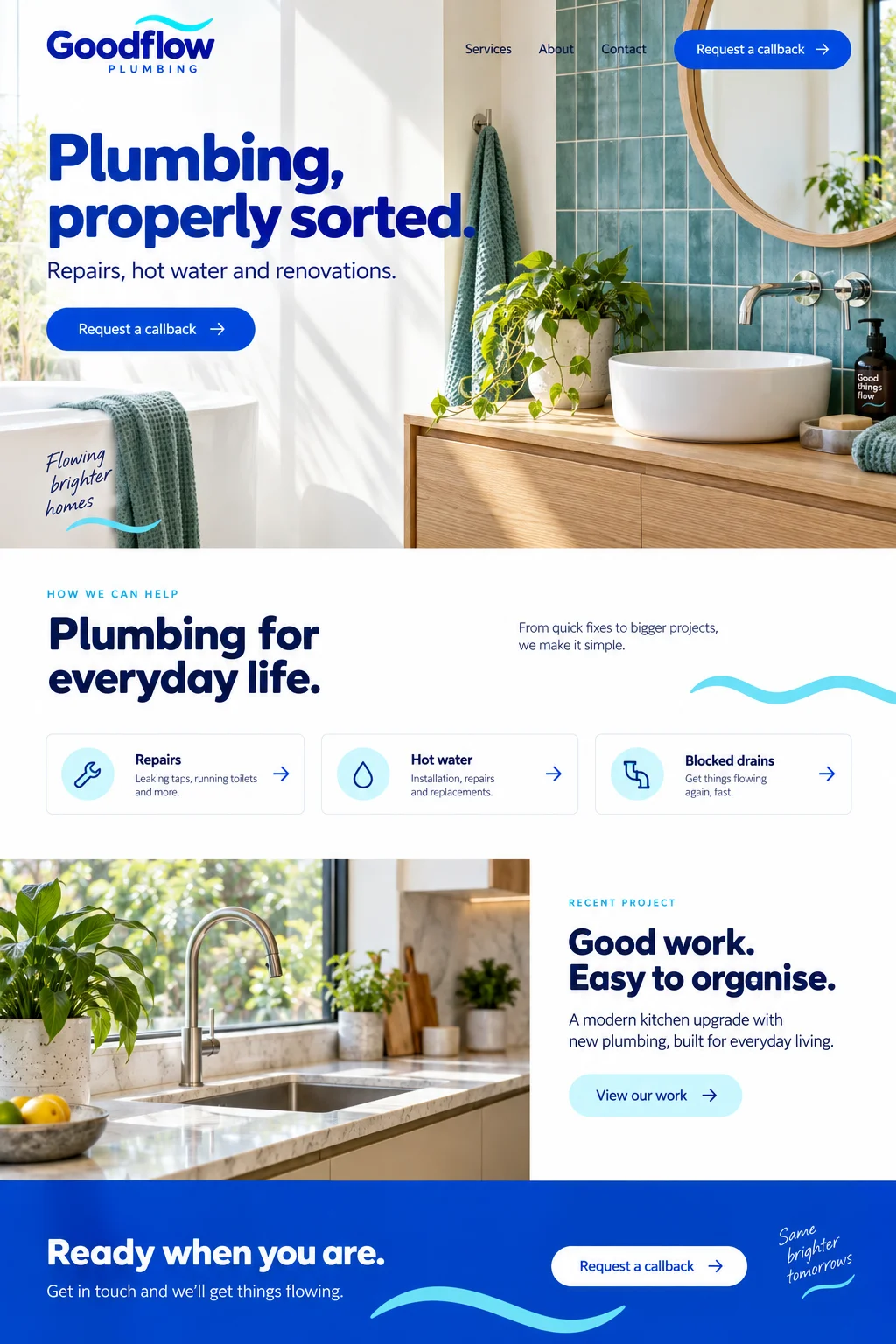 Goodflow Plumbing: website design with plumbing imagery, branding and page layout.