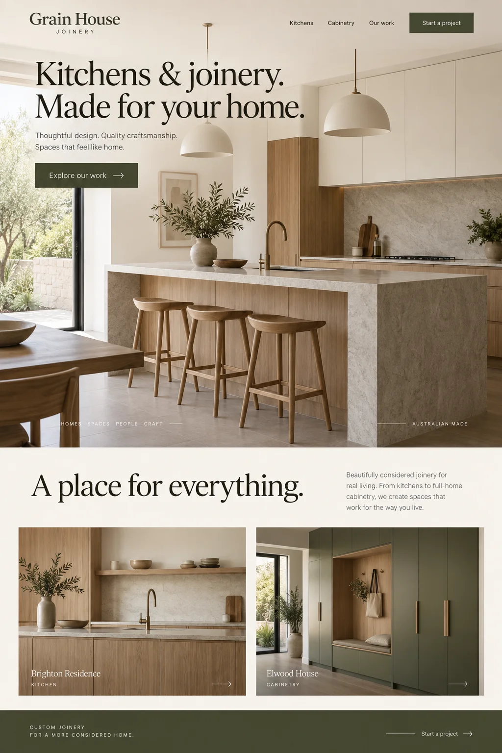 Grain House Joinery: website design with kitchens & joinery imagery, branding and page layout.