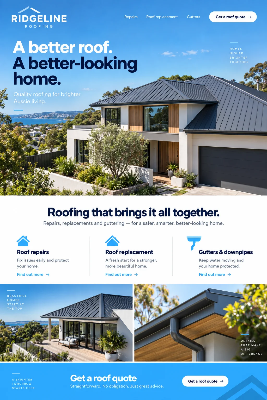 Ridgeline Roofing: website design with roofing & cladding imagery, branding and page layout.