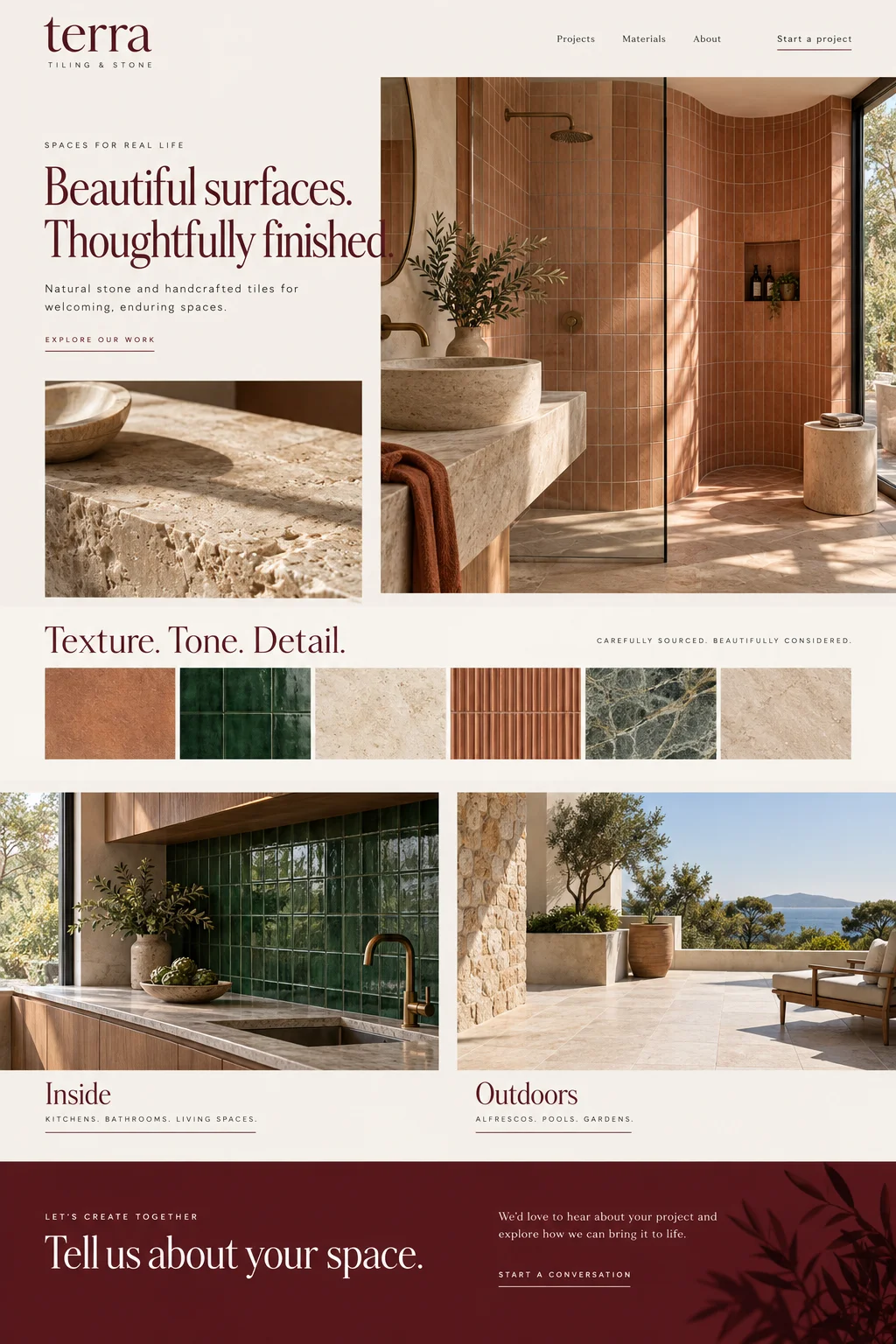 Terra Tiling: website design with tiling & stone imagery, branding and page layout.