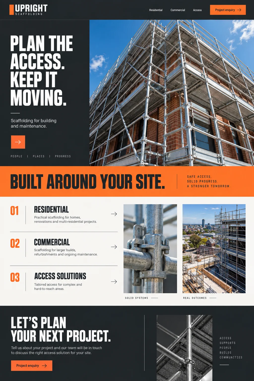 Upright Scaffolding: website design with scaffolding & access imagery, branding and page layout.